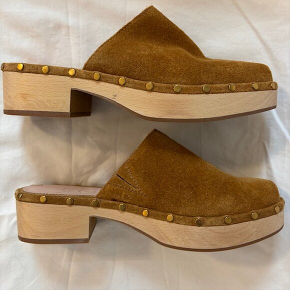 J. Crew Dakota Suede Studded Wooden Platform Clogs in Burnished Pecan Size 6.5 - Picture 10 of 11